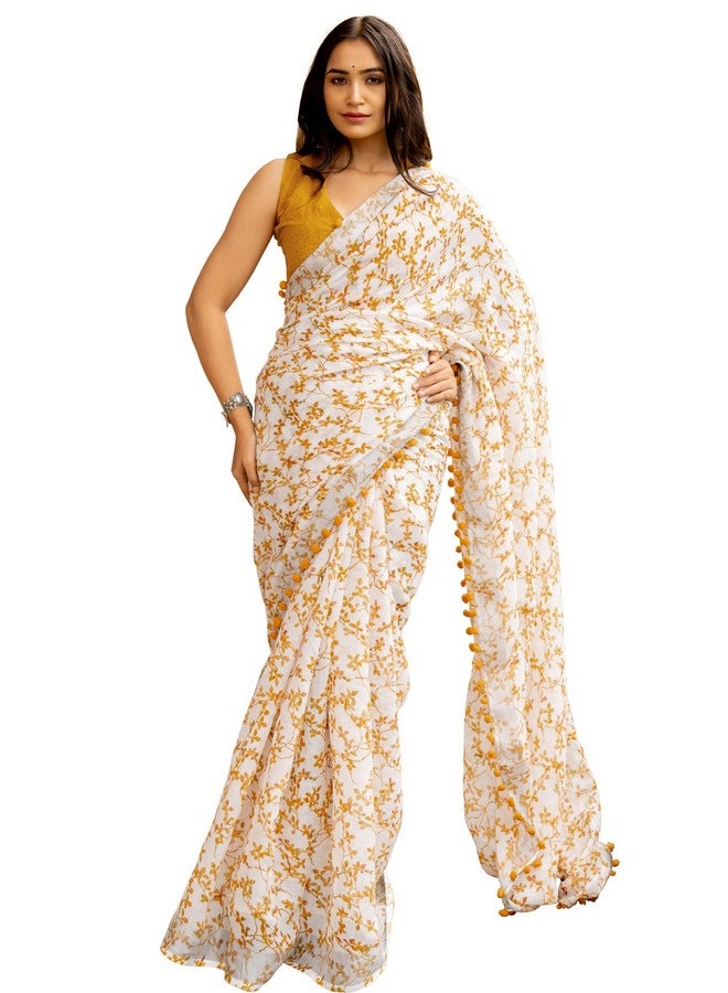 MIRCHI FASHION Women Pocket Ready to Wear Cotton Blend Leaf Printed Readymade 1 Min Pre-Draped Saree with Blouse Piece (R44291 - White, Mustard Yellow) - Image 1