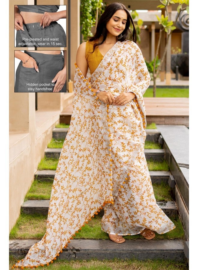 MIRCHI FASHION Women Pocket Ready to Wear Cotton Blend Leaf Printed Readymade 1 Min Pre-Draped Saree with Blouse Piece (R44291 - White, Mustard Yellow) - Image 4