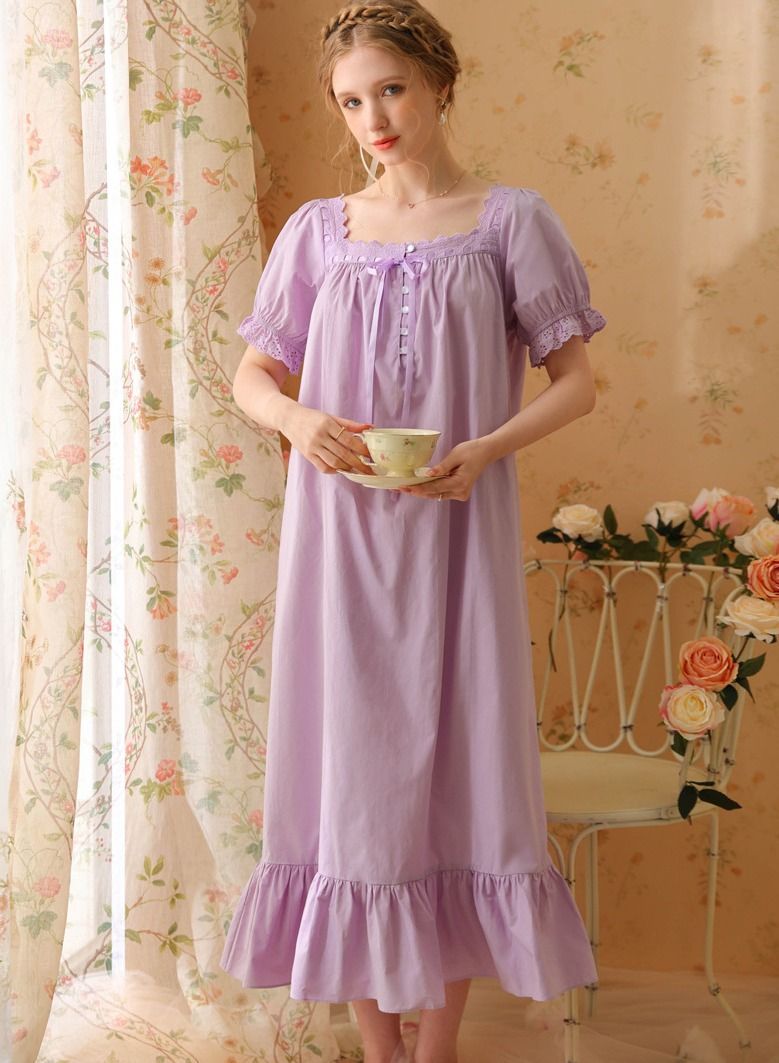 NIBEMINENT Women's Retro Casual Nightgown Short Sleeve Palace Style French Princess Pure Cotton Maxi Pajama Dress  - Image 1