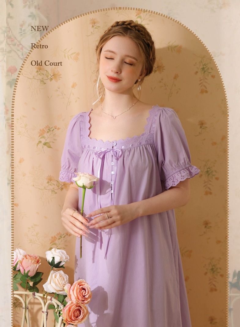 NIBEMINENT Women's Retro Casual Nightgown Short Sleeve Palace Style French Princess Pure Cotton Maxi Pajama Dress  - Image 2