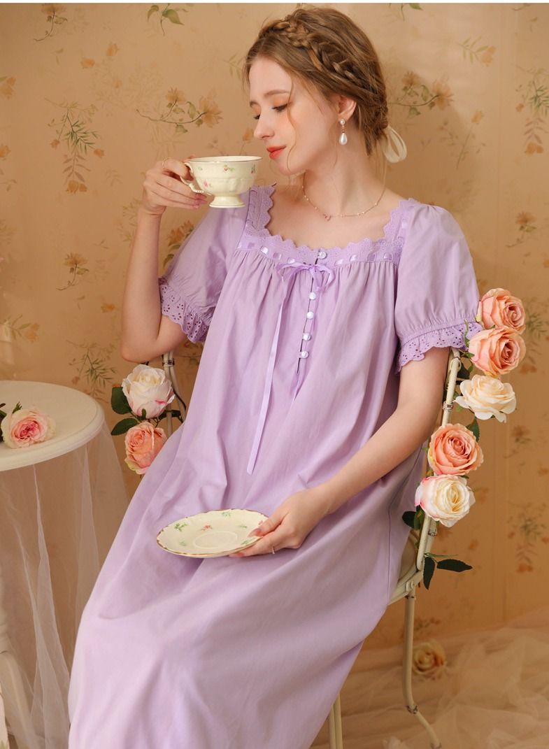 NIBEMINENT Women's Retro Casual Nightgown Short Sleeve Palace Style French Princess Pure Cotton Maxi Pajama Dress  - Image 3