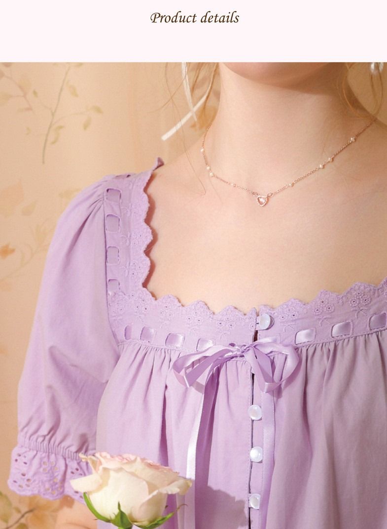 NIBEMINENT Women's Retro Casual Nightgown Short Sleeve Palace Style French Princess Pure Cotton Maxi Pajama Dress  - Image 4