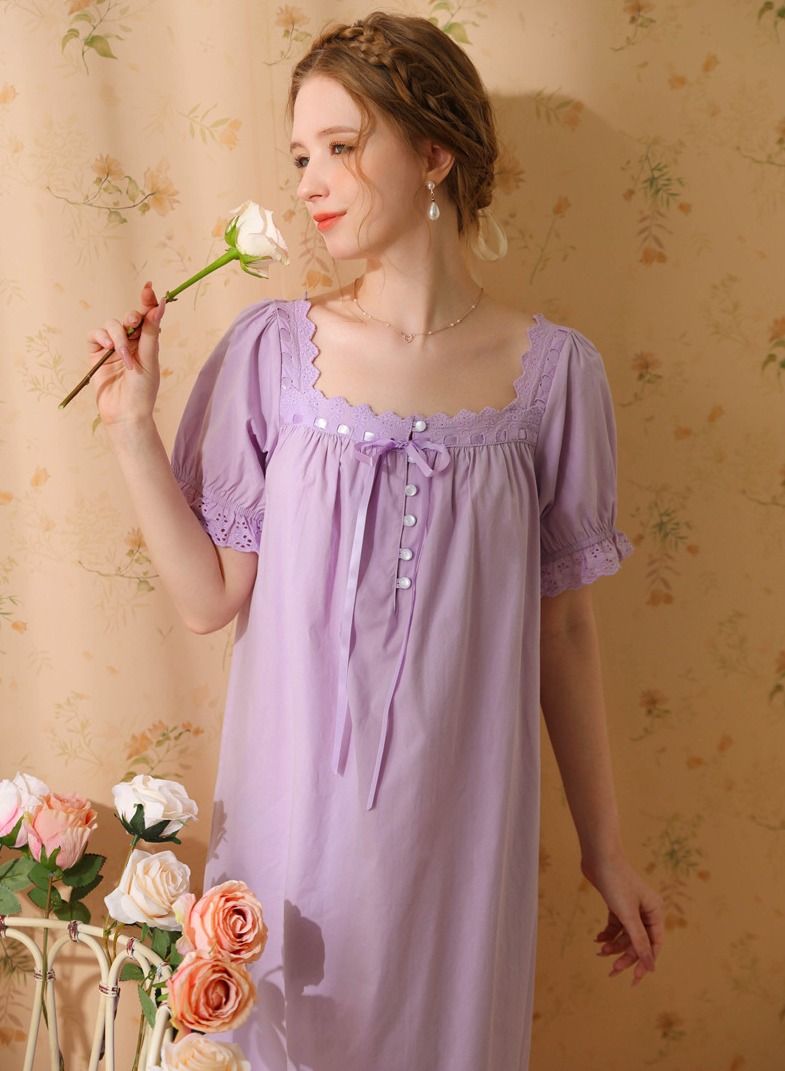 NIBEMINENT Women's Retro Casual Nightgown Short Sleeve Palace Style French Princess Pure Cotton Maxi Pajama Dress  - Image 5