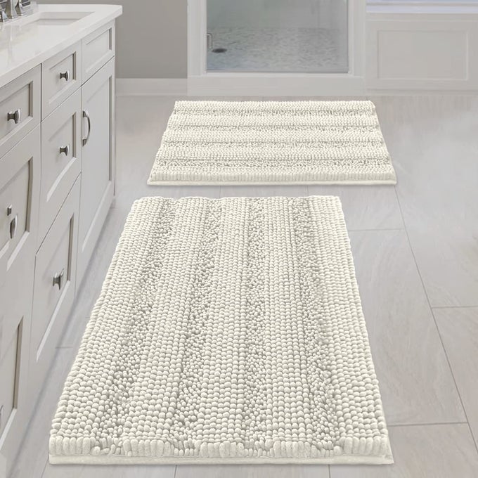 HVERSAILTEX CREAM BATHROOM RUG BATH RUGS SET OF 2 THICK SOFT STRIPED SHAGGY CHENILLE BATH MATS FOR BATHROOM NON SLIP DRY FAST EXTRA LARGE BATHROOM RUGS20 X 3217 X 24