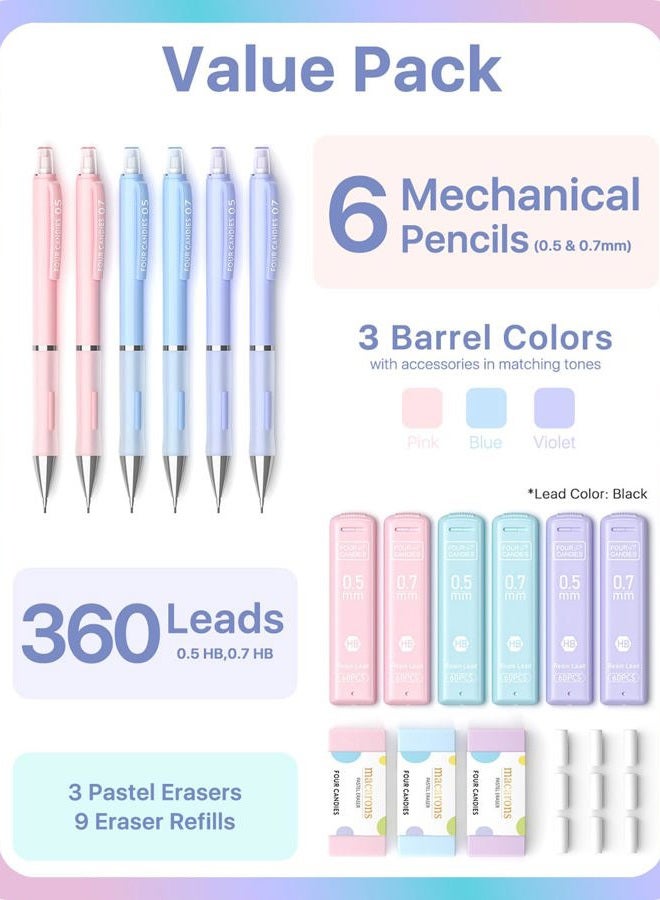 Four Candies مجموعة أقلام رصاص ميكانيكية بألوان الباستيل - 6 قطع 0.5 مم و 0.7 مم مع 360 قطعة من رصاص HB #2، 3 ممحاة و 9 قطع من إعادة تعبئة الممحاة، لوازم مدرسية لطيفة لكتابة ورسم الطلاب - Image 2