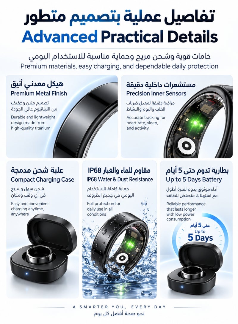 كيلا خاتم ذكي لتتبع الصحة، مراقبة جودة النوم، حلقة عد خطوات اللياقة البدنية مع حافظة شحن، جهاز تحكم عن بعد لالتقاط صور السيلفي بالهاتف، مقاوم للماء والغبار IP68، لأجهزة Android IOS - Image 5