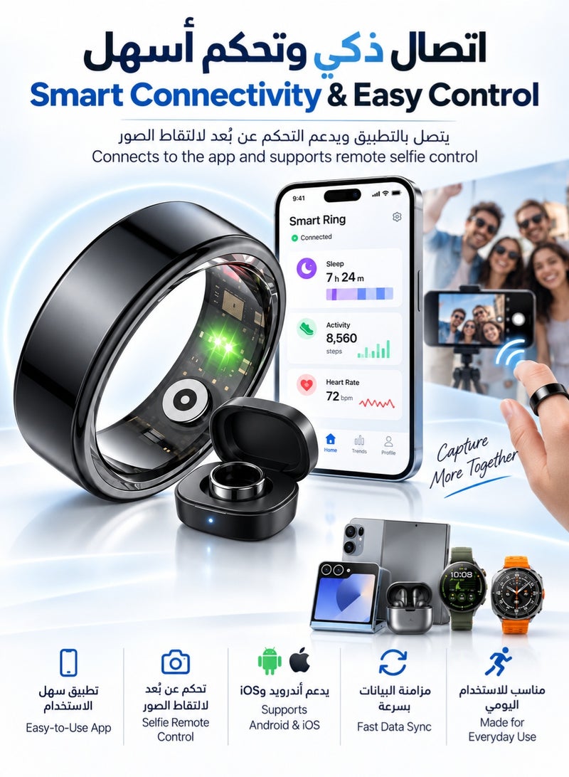 كيلا خاتم ذكي لتتبع الصحة، مراقبة جودة النوم، حلقة عد خطوات اللياقة البدنية مع حافظة شحن، جهاز تحكم عن بعد لالتقاط صور السيلفي بالهاتف، مقاوم للماء والغبار IP68، لأجهزة Android IOS - Image 4