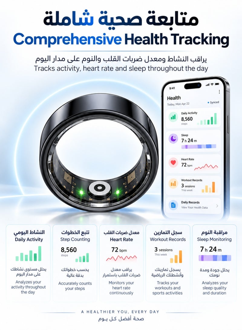 كيلا خاتم ذكي لتتبع الصحة، مراقبة جودة النوم، حلقة عد خطوات اللياقة البدنية مع حافظة شحن، جهاز تحكم عن بعد لالتقاط صور السيلفي بالهاتف، مقاوم للماء والغبار IP68، لأجهزة Android IOS - Image 3