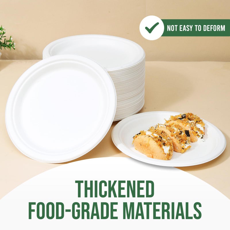 TaidMiao 9 Inch Paper Plates 100 Pack - 100% Compostable Dinnerware | Leak & Grease Resistant Disposable Plates for Parties  Microwavable  Bulk Eco-Friendly - White - Image 3