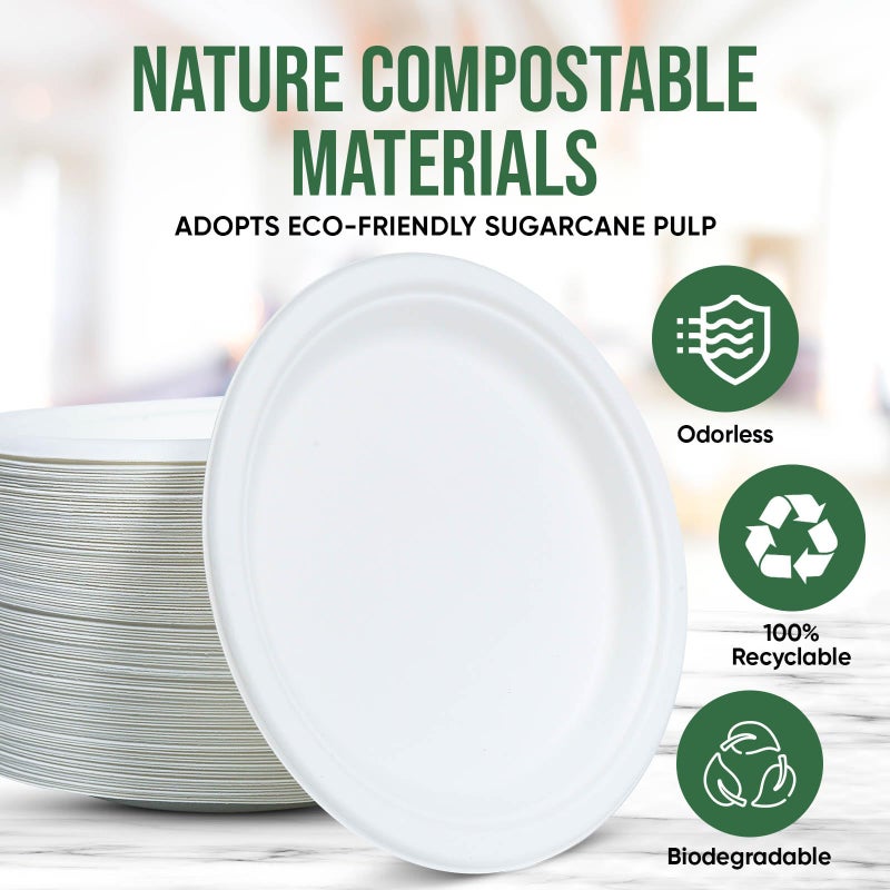 TaidMiao 9 Inch Paper Plates 100 Pack - 100% Compostable Dinnerware | Leak & Grease Resistant Disposable Plates for Parties  Microwavable  Bulk Eco-Friendly - White - Image 5