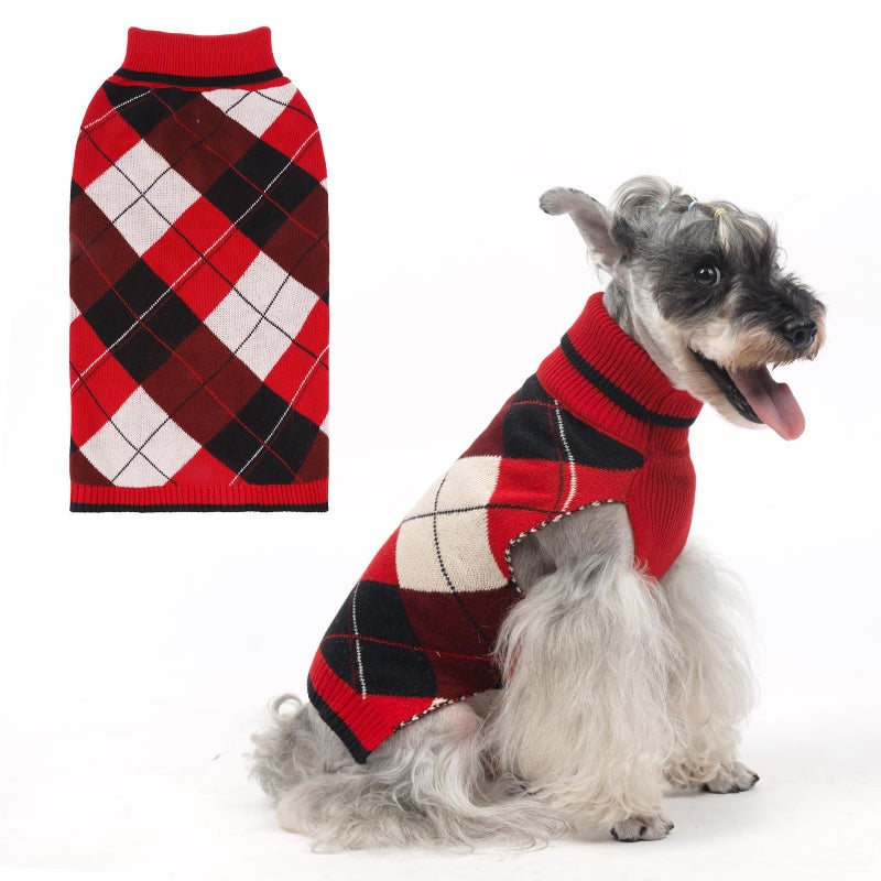 KOOLTAIL Dog Sweater Pet Knitted Clothes-Classic Plaid Pullover Turtleneck Red Fleece Dog Christmas Sweaters with Leash Hole, Thick Warm Dog Winter Clothes for Small Medium Large Dogs Cats Puppy, M - Image 1