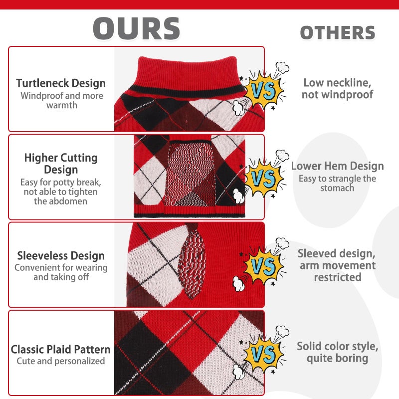 KOOLTAIL Dog Sweater Pet Knitted Clothes-Classic Plaid Pullover Turtleneck Red Fleece Dog Christmas Sweaters with Leash Hole, Thick Warm Dog Winter Clothes for Small Medium Large Dogs Cats Puppy, M - Image 5