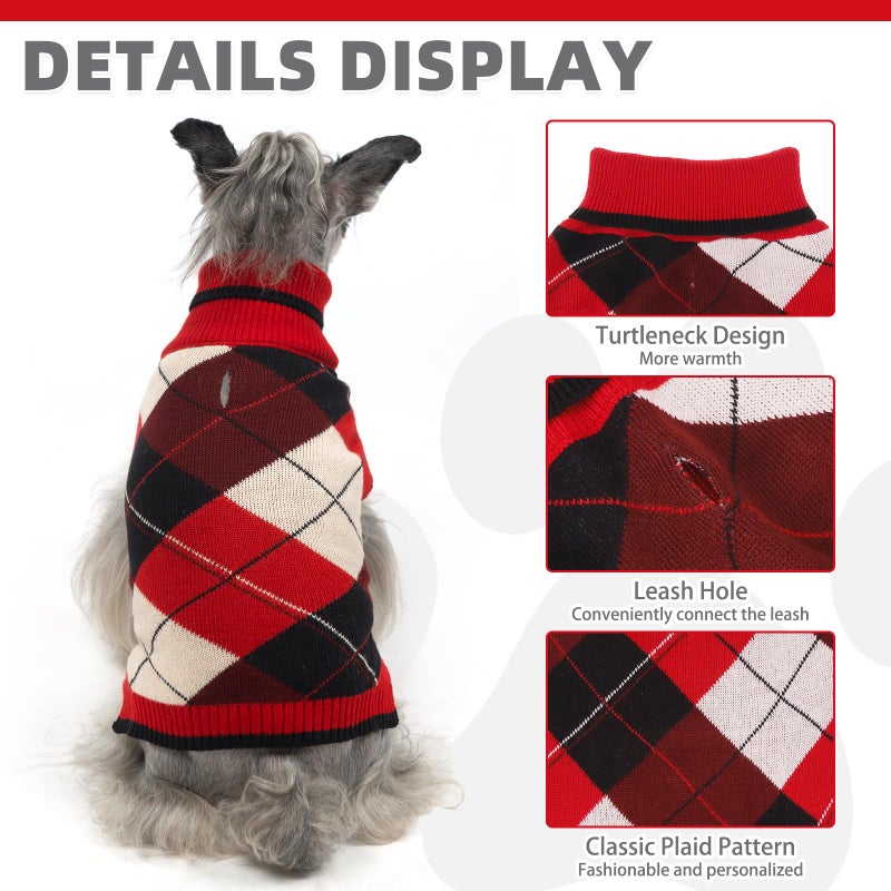 KOOLTAIL Dog Sweater Pet Knitted Clothes-Classic Plaid Pullover Turtleneck Red Fleece Dog Christmas Sweaters with Leash Hole, Thick Warm Dog Winter Clothes for Small Medium Large Dogs Cats Puppy, M - Image 4