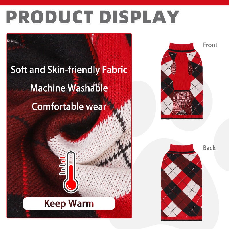 KOOLTAIL Dog Sweater Pet Knitted Clothes-Classic Plaid Pullover Turtleneck Red Fleece Dog Christmas Sweaters with Leash Hole, Thick Warm Dog Winter Clothes for Small Medium Large Dogs Cats Puppy, M - Image 3