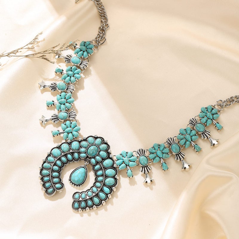 Flyonce Boho Blue Turquoise Collar Necklace, Vintage Style Art Deco Flower Costume Statement Necklace for Women - Image 5