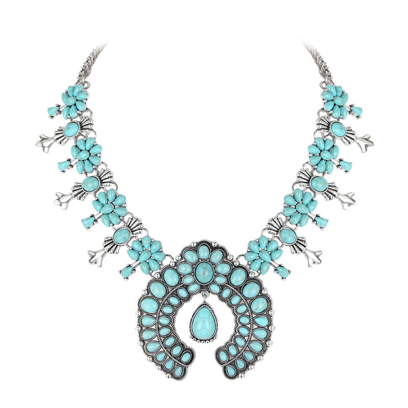 Flyonce Boho Blue Turquoise Collar Necklace, Vintage Style Art Deco Flower Costume Statement Necklace for Women - Image 1