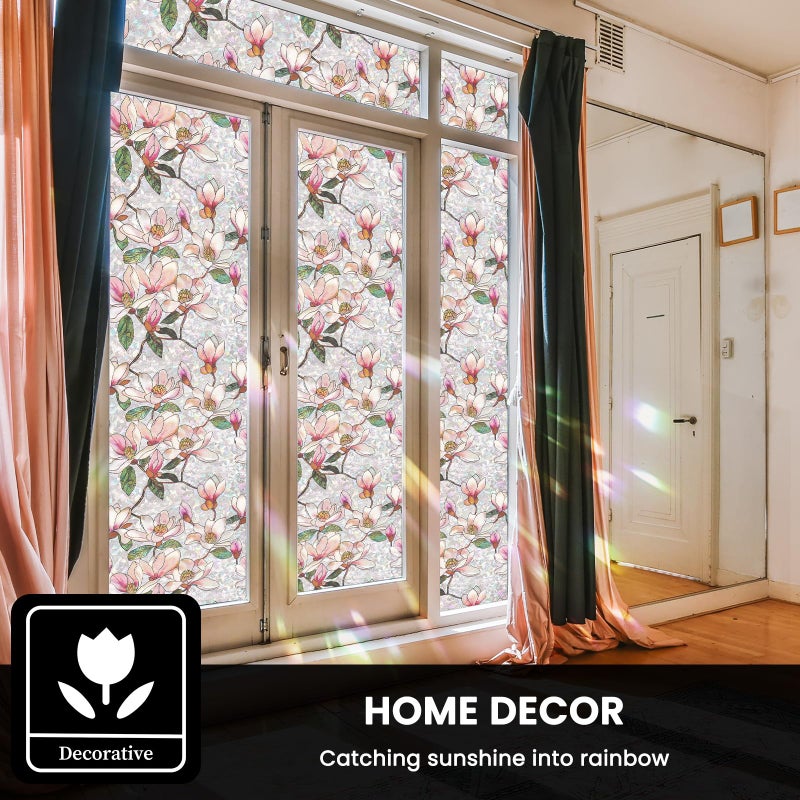 FEOMOS Stained Glass Window Film, Decorative Floral Window Privacy Film with Sun & UV Heat Blocking, Rainbow Window Covering Magnolia Sticker for Home 17.7 x 78.7 inches - Image 2