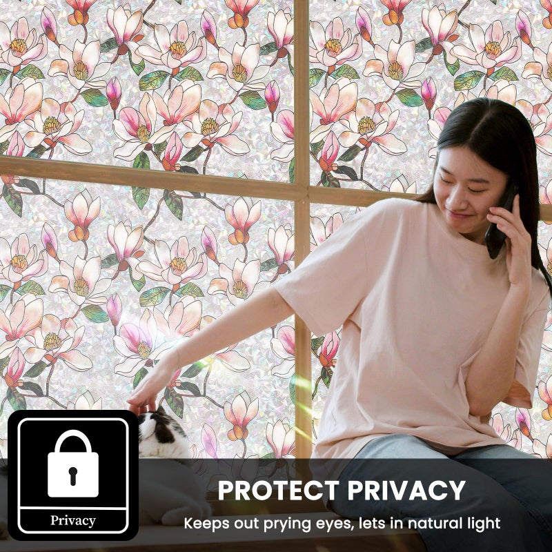 FEOMOS Stained Glass Window Film, Decorative Floral Window Privacy Film with Sun & UV Heat Blocking, Rainbow Window Covering Magnolia Sticker for Home 17.7 x 78.7 inches - Image 3