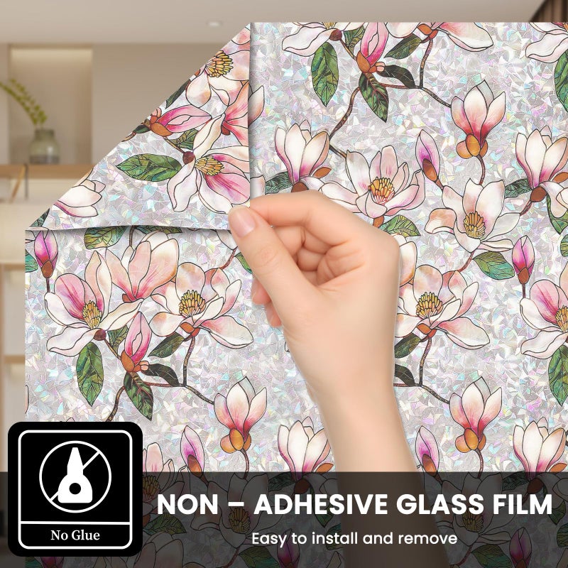 FEOMOS Stained Glass Window Film, Decorative Floral Window Privacy Film with Sun & UV Heat Blocking, Rainbow Window Covering Magnolia Sticker for Home 17.7 x 78.7 inches - Image 5
