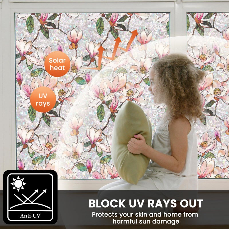 FEOMOS Stained Glass Window Film, Decorative Floral Window Privacy Film with Sun & UV Heat Blocking, Rainbow Window Covering Magnolia Sticker for Home 17.7 x 78.7 inches - Image 4