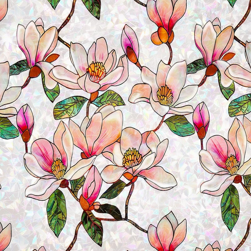 FEOMOS Stained Glass Window Film, Decorative Floral Window Privacy Film with Sun & UV Heat Blocking, Rainbow Window Covering Magnolia Sticker for Home 17.7 x 78.7 inches - Image 1