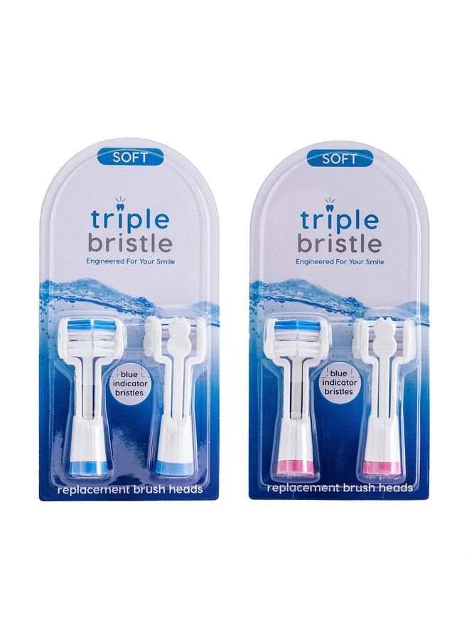 Triple Bristle Replacement Brush Head Refills | Innovative 3 Sided Head Design | Compatible with Triple Bristle Brand Sonic Toothbrush | Color Changing Indicator Bristles | 4 Pack (2 Pink + 2 Blue)  - Image 1