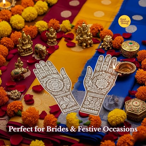 Haldi Mehendi Shaadi 4 Pairs (27 cm Length) Full Hand Henna Mehndi Hand Stencil Template, Traditional Floral Design, Free Size Easy-to-Use Reusable Mehendi Sticker | Intricate Bridal & Festival Designs | Perfect for Weddings, Festivals, Eid (DIY) - Image 4