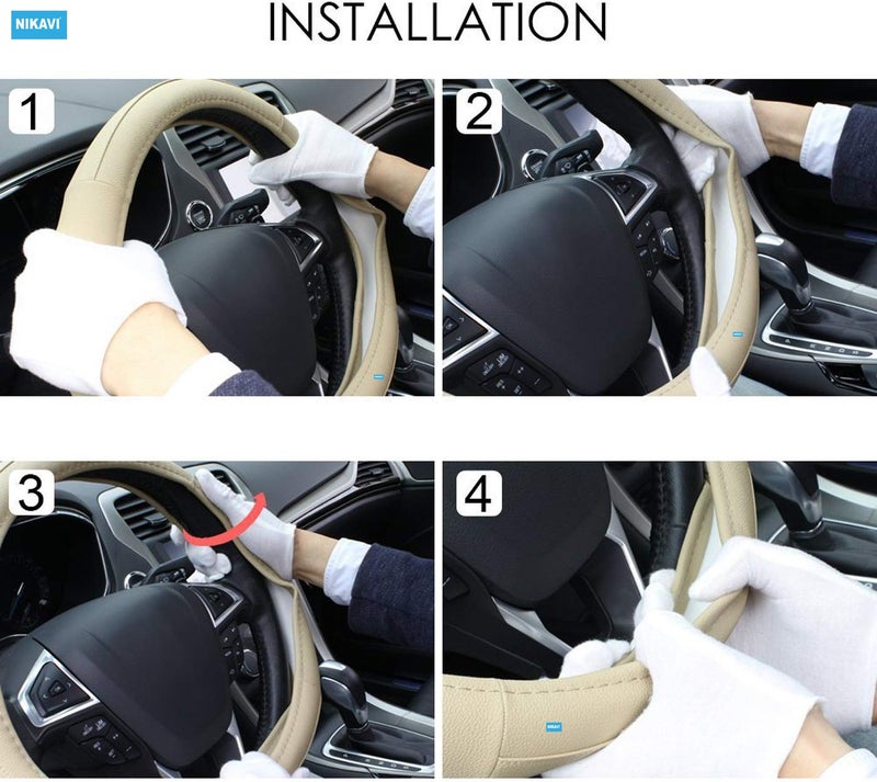 NIKAVI Leather Steering Wheel Cover (Medium -O)(38cm) Beige - Image 5