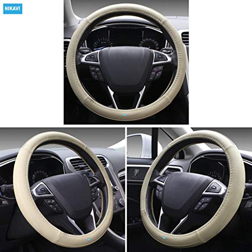 NIKAVI Leather Steering Wheel Cover (Medium -O)(38cm) Beige - Image 3