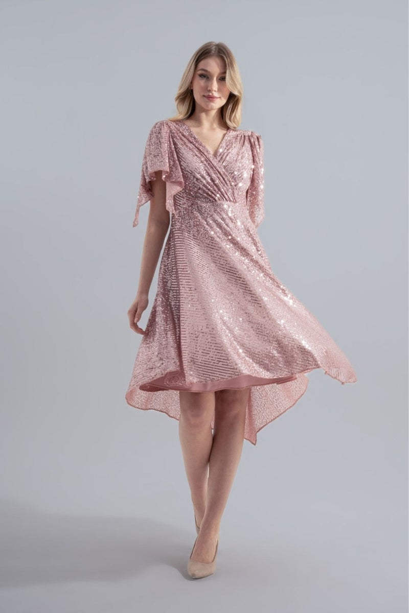 HOX'S Angel | Sequined Midi Flared Evening Dress Double Breasted Neck Handkerchief Sleeve Asymmetrical Skirt - Powder  - Image 1