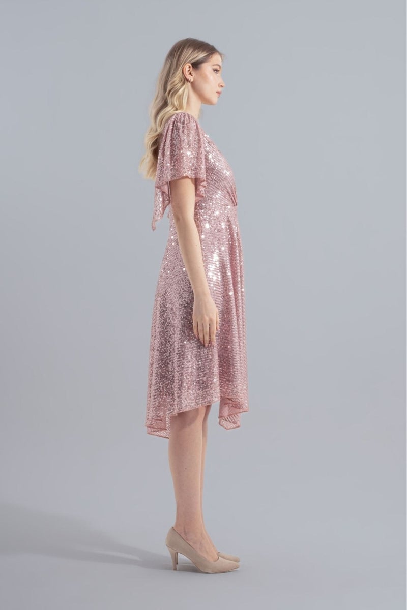 HOX'S Angel | Sequined Midi Flared Evening Dress Double Breasted Neck Handkerchief Sleeve Asymmetrical Skirt - Powder  - Image 4