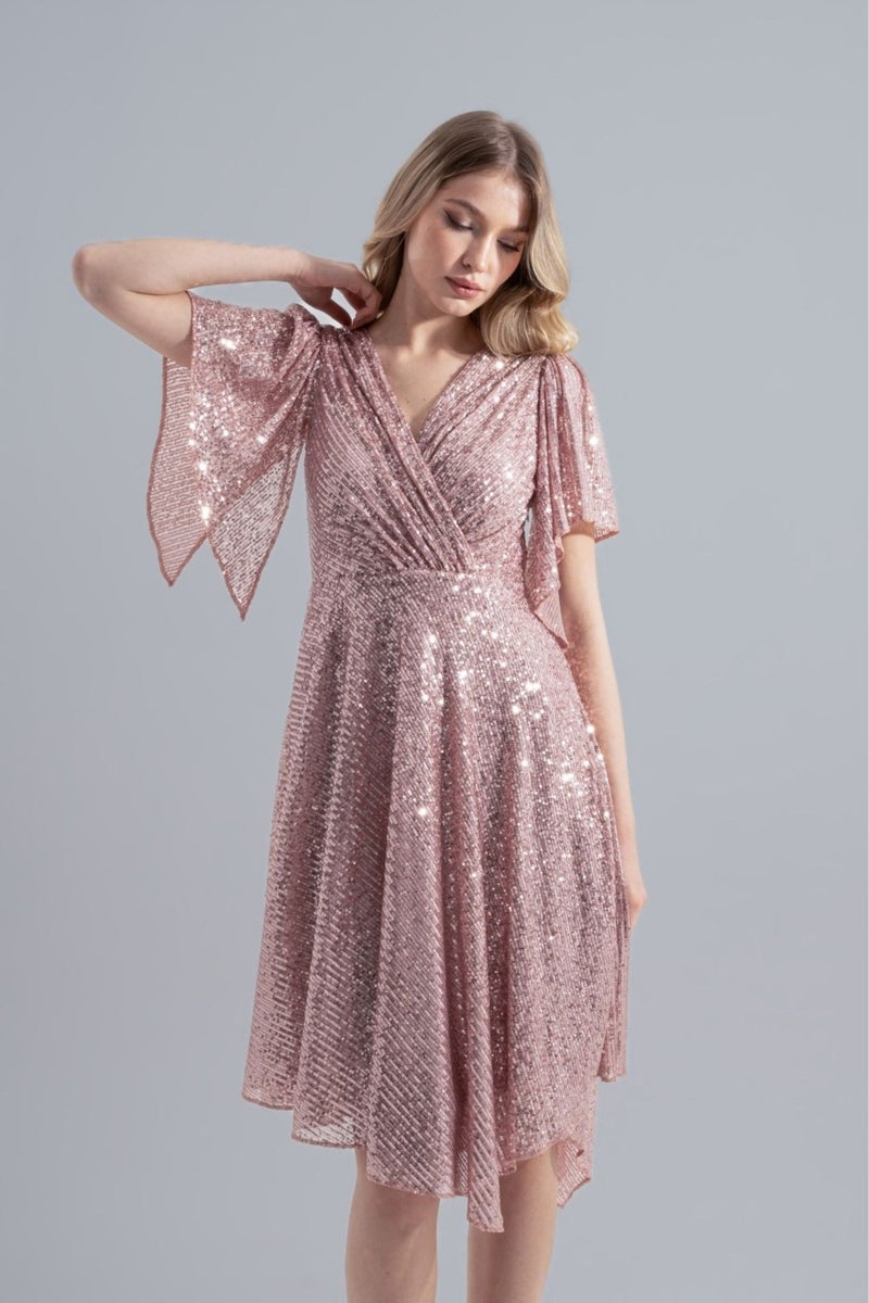HOX'S Angel | Sequined Midi Flared Evening Dress Double Breasted Neck Handkerchief Sleeve Asymmetrical Skirt - Powder  - Image 2