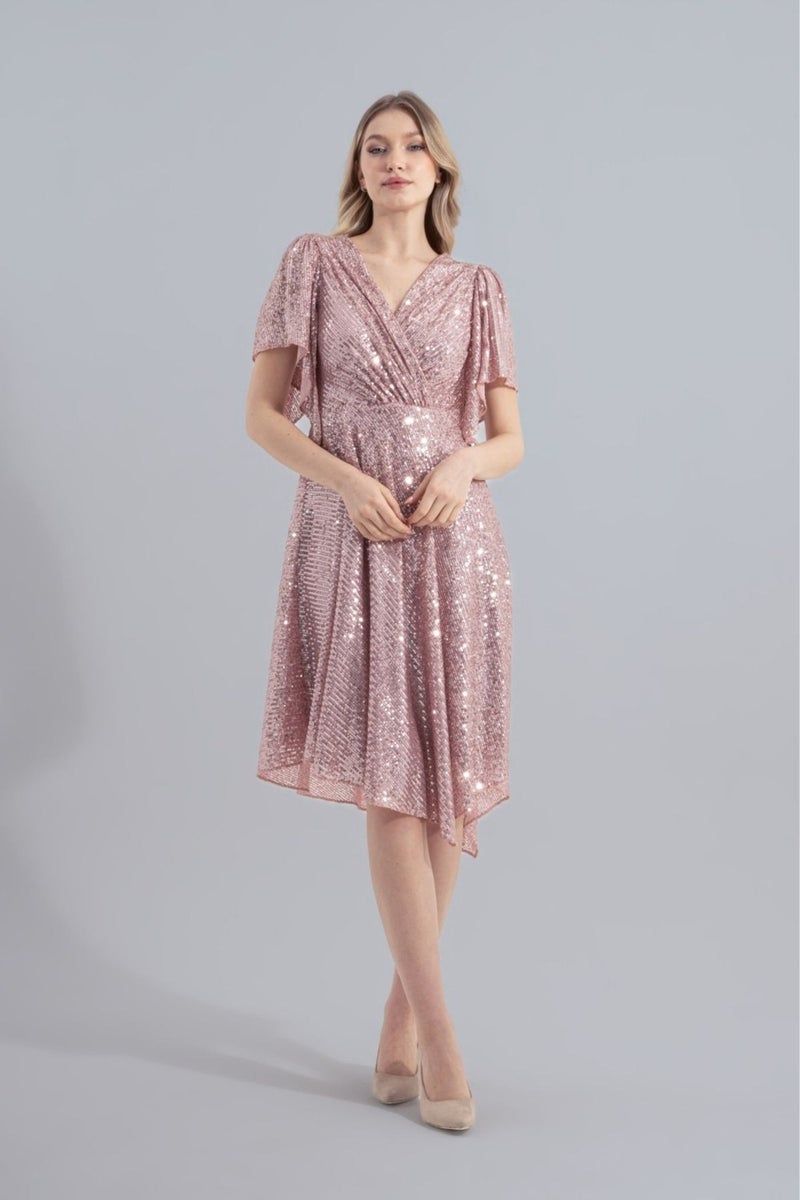 HOX'S Angel | Sequined Midi Flared Evening Dress Double Breasted Neck Handkerchief Sleeve Asymmetrical Skirt - Powder  - Image 3