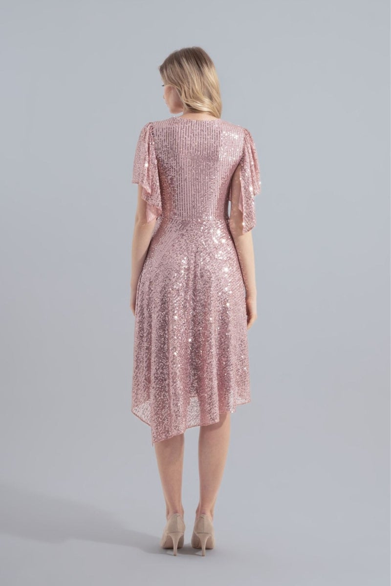 HOX'S Angel | Sequined Midi Flared Evening Dress Double Breasted Neck Handkerchief Sleeve Asymmetrical Skirt - Powder  - Image 5