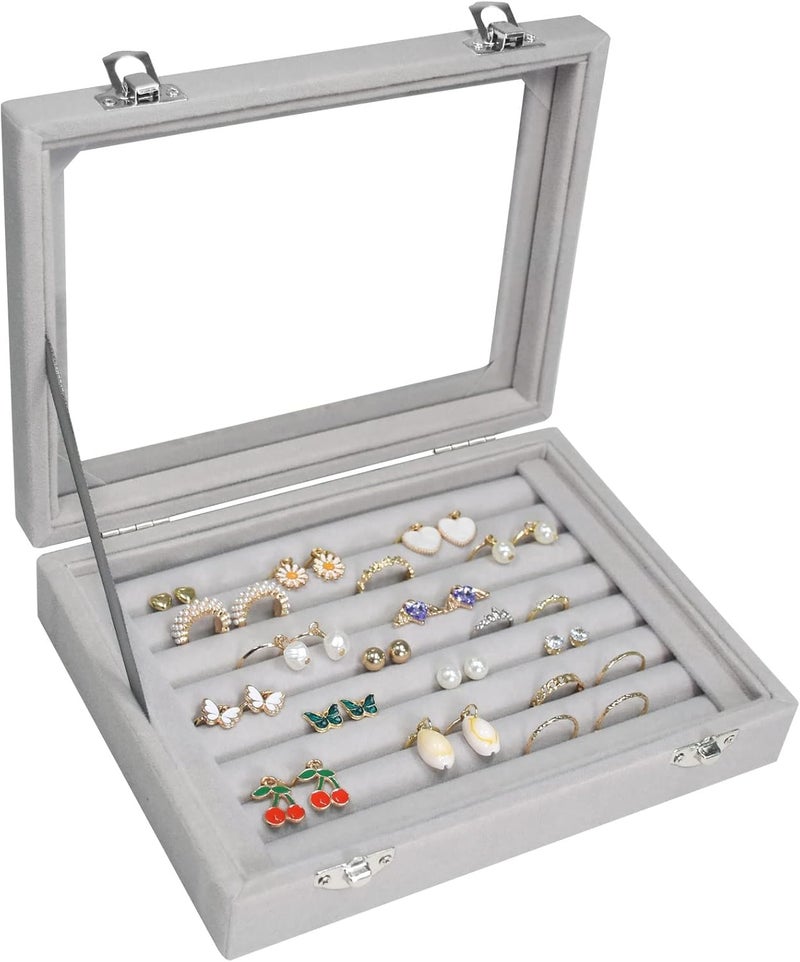 Vicoter Rings Organizer Tray 7 Slots Velvet Jewelry Earring Storage Box with Transparent lid Jewelry Display Case for Girls Wife Mom Women (Grey) - Image 1