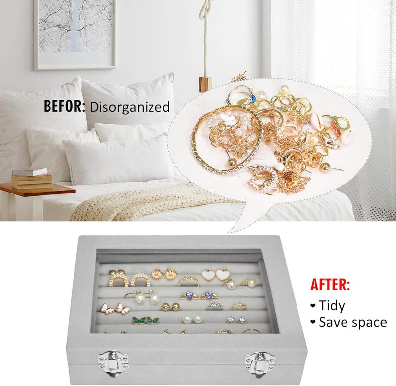 Vicoter Rings Organizer Tray 7 Slots Velvet Jewelry Earring Storage Box with Transparent lid Jewelry Display Case for Girls Wife Mom Women (Grey) - Image 5