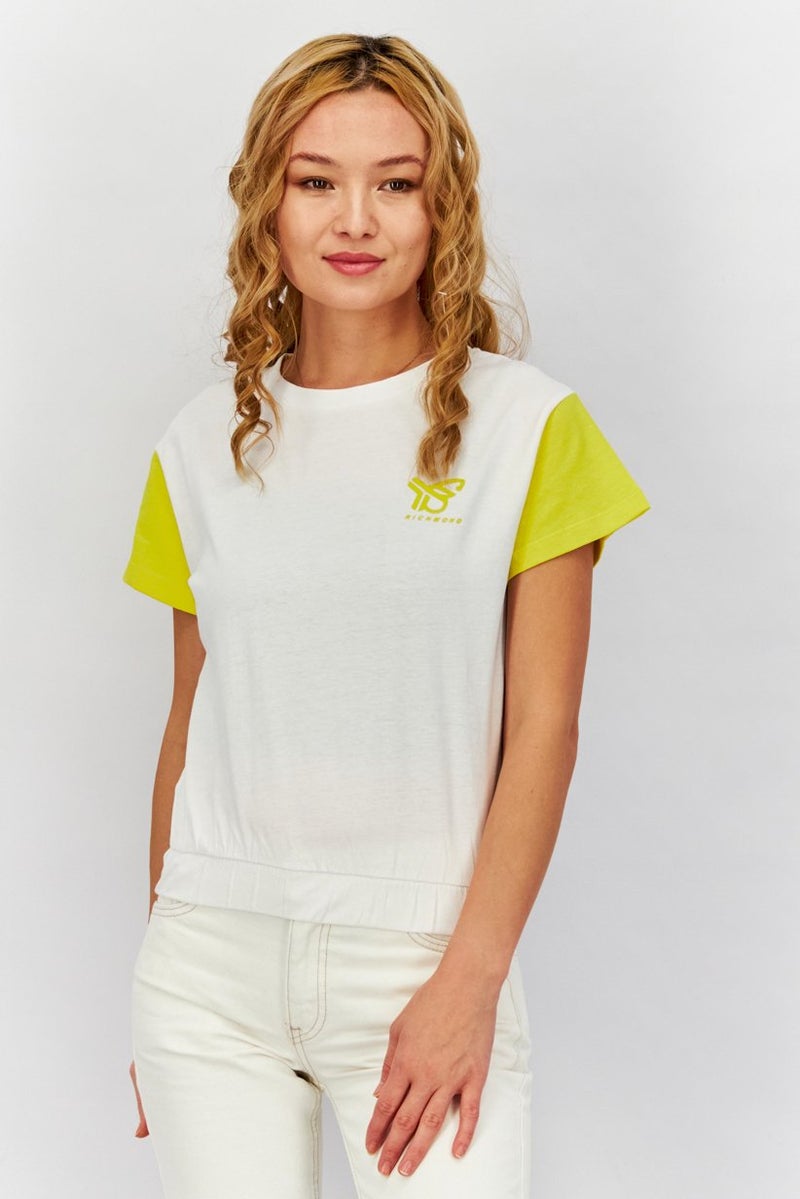 JOHN RICHMOND Women Round Neck Short Sleeve T-shirt, White and Yellow - Image 1