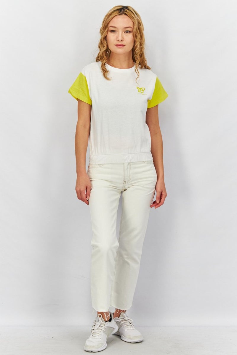 JOHN RICHMOND Women Round Neck Short Sleeve T-shirt, White and Yellow - Image 4