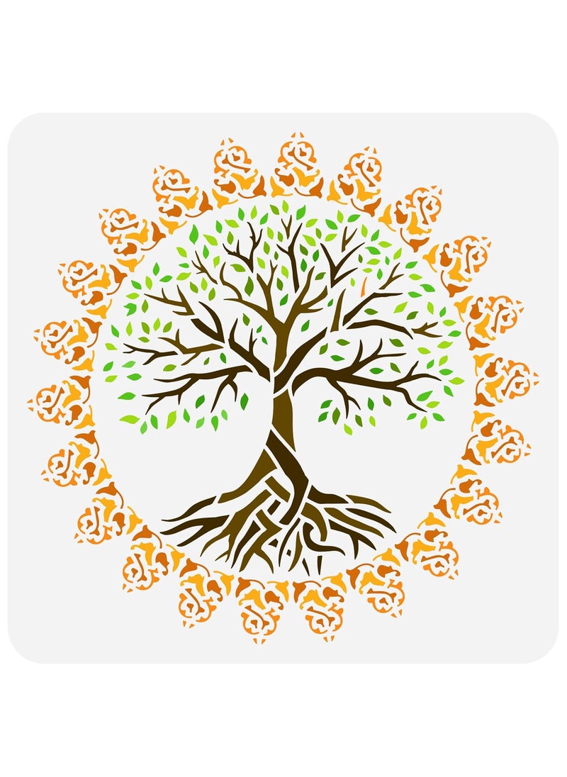 FINGERINSPIRE FINGERINSPIRE Mandala Tree of Life Stencil 11.8x11.8inch Reusable Washable Painting Stencil Mandala Flower Template Round Flower Tree Pattern Stencil for Home School Wall Floor Door Decor 