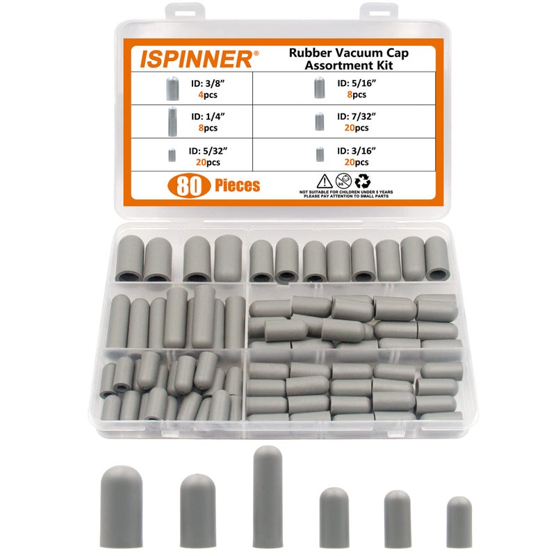 ISPINNER 80pcs Rubber Vacuum Cap Vacuum Plugs Hose End Caps Assortment Kit for Carburetor Manifold Automotive 316 532 732 14 516 38 Gray