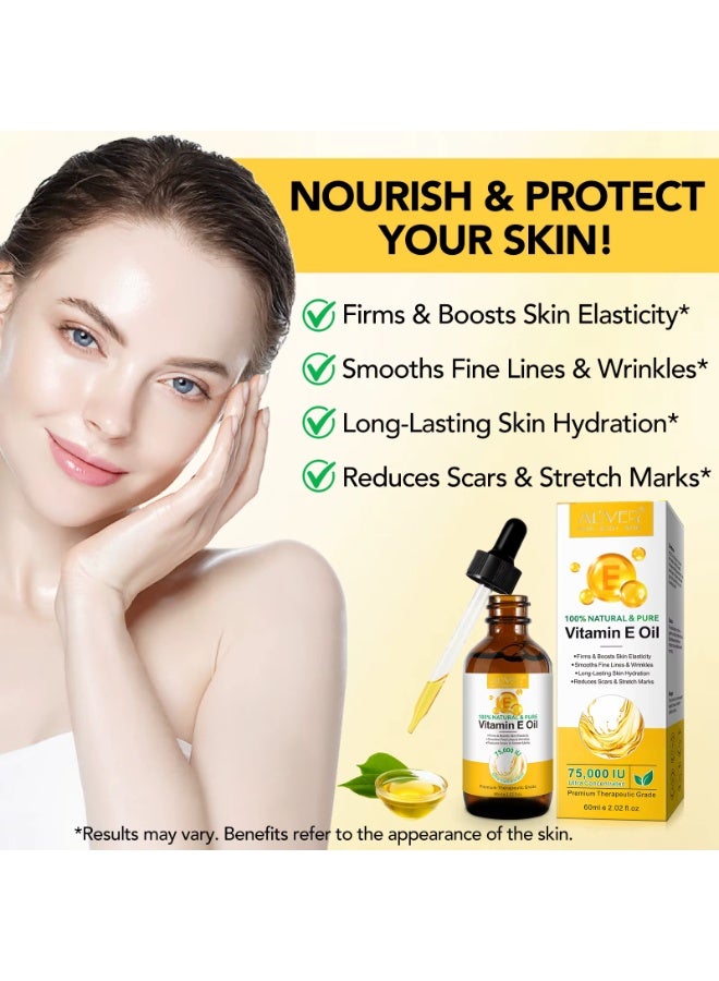 ALIVER 60ml Vitamin E Oil 100% Natural Pure 75000 IU Vitamin E Oil for Face Body Hair and Nails Moisturizes Reduce Scars and Stretch Marks Smooth Fine Lines and Wrinkles Anti Aging and Skin Hydration - Image 2