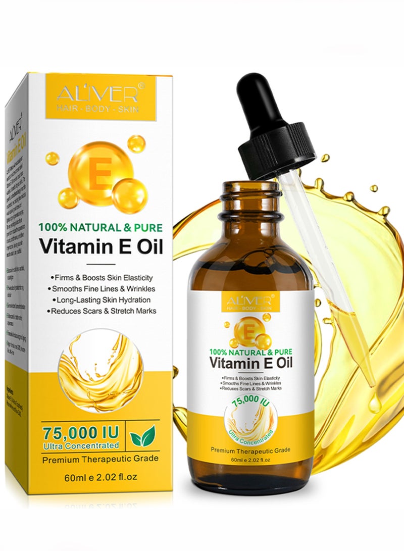 ALIVER 60ml Vitamin E Oil 100% Natural Pure 75000 IU Vitamin E Oil for Face Body Hair and Nails Moisturizes Reduce Scars and Stretch Marks Smooth Fine Lines and Wrinkles Anti Aging and Skin Hydration - Image 1