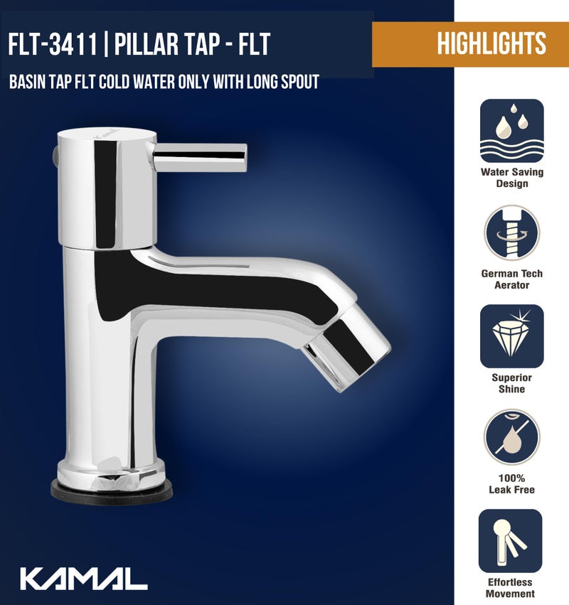 Kamal Full Brass Pillar Cock Basin Tap FLT – Long Reach Spout | Shiny Chrome Finish | Deck Mount Installation | Silver | Durable Bathroom Basin Faucet (Pack of 1) - Image 2