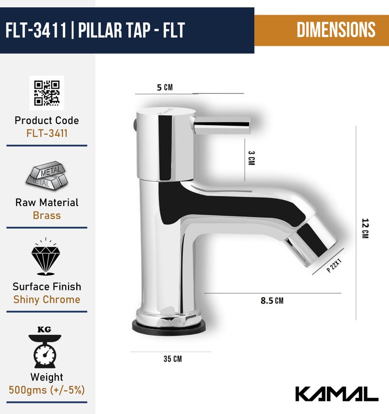 Kamal Full Brass Pillar Cock Basin Tap FLT – Long Reach Spout | Shiny Chrome Finish | Deck Mount Installation | Silver | Durable Bathroom Basin Faucet (Pack of 1) - Image 4
