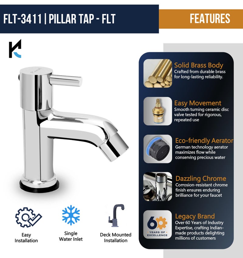 Kamal Full Brass Pillar Cock Basin Tap FLT – Long Reach Spout | Shiny Chrome Finish | Deck Mount Installation | Silver | Durable Bathroom Basin Faucet (Pack of 1) - Image 3
