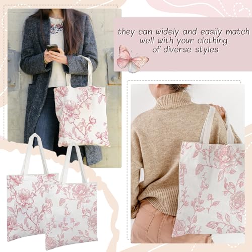 Kuabiz Floral Canvas Tote Bag for Women Chinoiserie Tote Bag Aesthetic Reusable Grocery Bags for Travel Shopping (8 Pcs, Pink) - Image 2