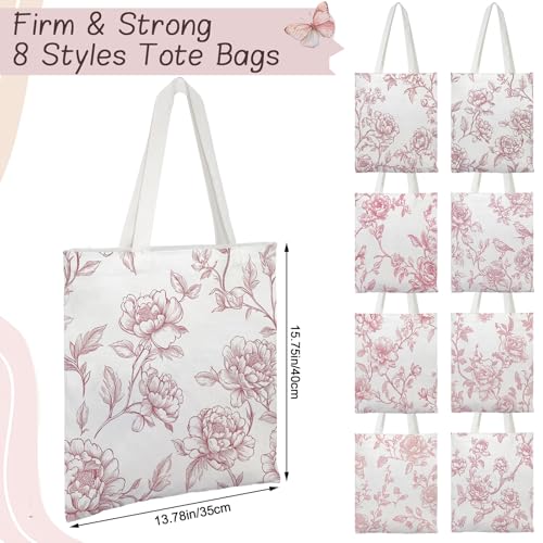 Kuabiz Floral Canvas Tote Bag for Women Chinoiserie Tote Bag Aesthetic Reusable Grocery Bags for Travel Shopping (8 Pcs, Pink) - Image 4