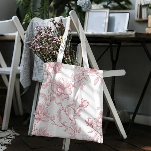 Kuabiz Floral Canvas Tote Bag for Women Chinoiserie Tote Bag Aesthetic Reusable Grocery Bags for Travel Shopping (8 Pcs, Pink) - Image 3