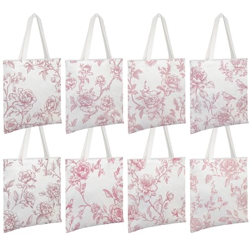 Kuabiz Floral Canvas Tote Bag for Women Chinoiserie Tote Bag Aesthetic Reusable Grocery Bags for Travel Shopping (8 Pcs, Pink) - Image 1