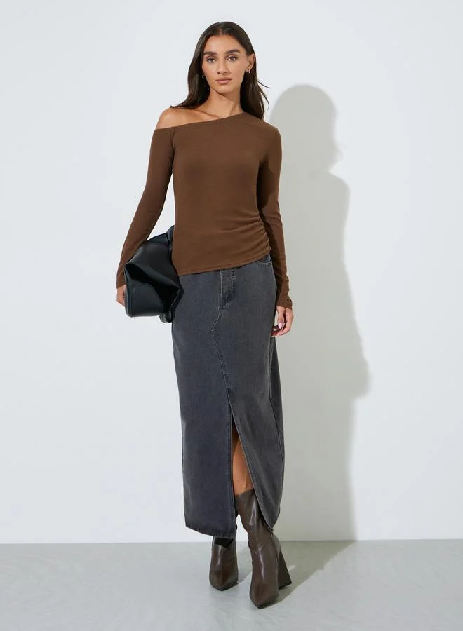 Styli Brown Asymmetric Neck Knit Top